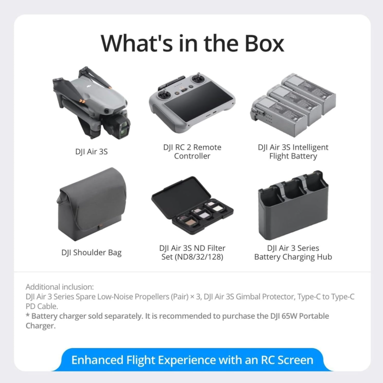 DJI Air 3S Fly More Combo (RC 2 Screen Remote Controller), Drone with 1" CMOS Wide-Angle & Medium Tele Camera for Adults, 4K/60fps, Omnidirectional Sensing & 3 Batteries for Extended Flight Time